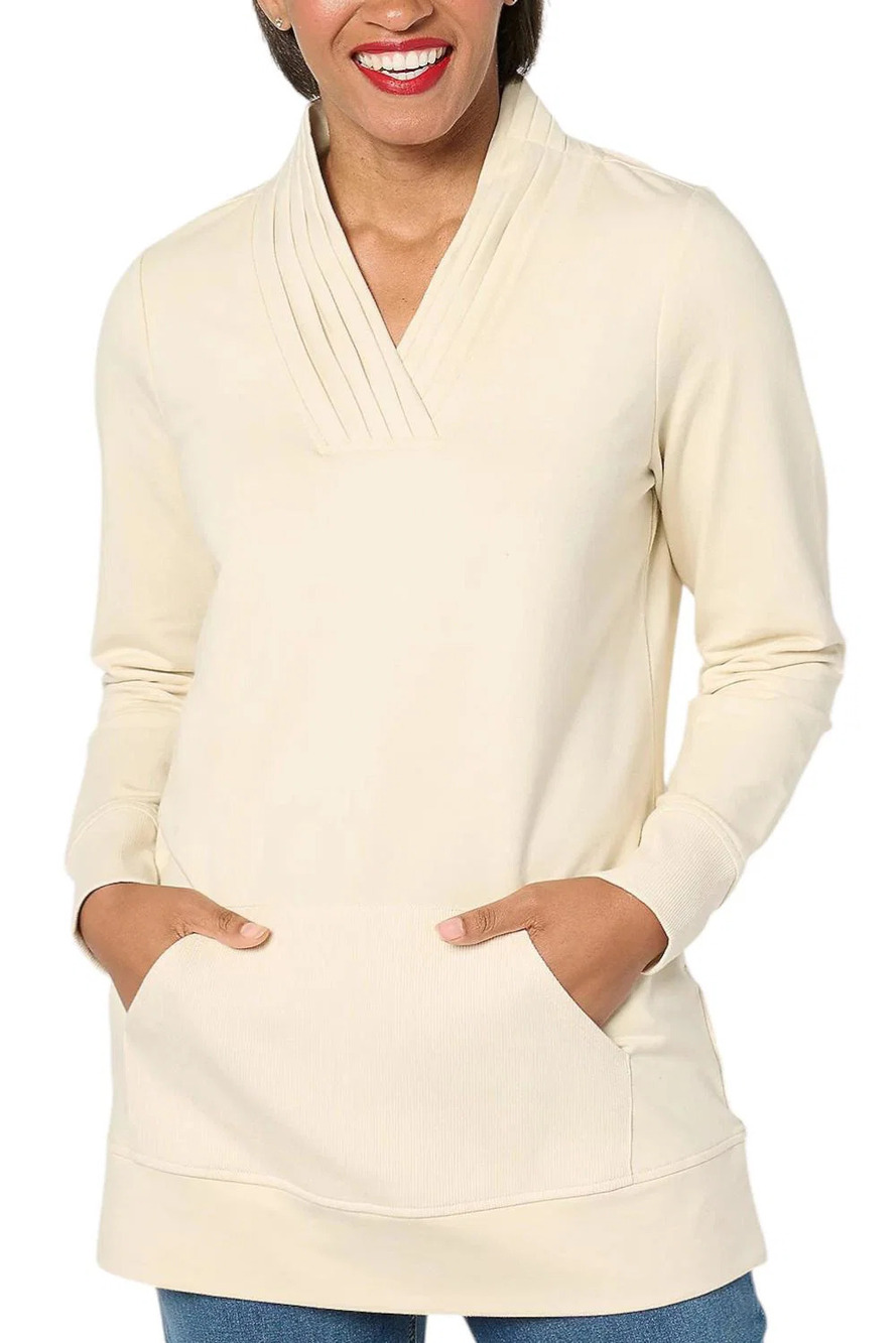 Denim & Co. Women's Active French Terry Pleated V-Neck Tunic Stone - Petites